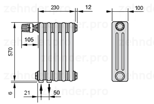 Схема (чертеж) Радиатор Zehnder Charleston 3057/5 №V001 Белый глянцевый RAL 9016